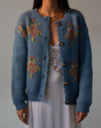 Crochet knit cardigan. Front button down closure. blue sweater cardigan. fall outfit. blue cardigan. blue sweater cardigan. grandma looking sweater