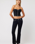 Structured strapless bustier crop top
Dark rinse wash
Sculpted princess neckline
Front zip closure
Contrast stitching
Stretch denim
Make sure to buy it tight or true to size as the denim will relax over time
Length: 10.5"
Cotton/Polyester/Elastane