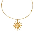 Gold necklace with a sun-shaped pendant
18K Gold Non-Tarnish Boho Sun Necklace
18K Gold Plated
Stainless Steel
Pendant Size: 1.5" / Chain Length: 15.57" / Extension Length: 2"
Lead-free
Nickel-safe
Hypoallergenic
Water Resistant