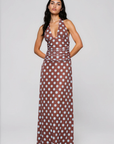 Polka dot maxi dress
Halter neckline
Adjustable neck tie
Ruched waist
V neckline
Partially lined
brown and blue polka dot maxi dress