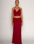 Halter crop top. Adjustable neck and back tie strap. Cowl neck. Partially lined. Maxi skirt. Hidden side zipper. Lined. red skirt set. cherry red skirt set. going out set. nice dinner set. summer outfit. spring outfit.