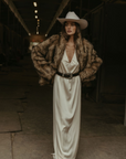 Satin maxi dress. Fixed halter strap. Elastic back strap. Fully lined. ivory satin maxi dress.