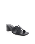 Low stacked block heel mule
Open square toe
Single wide strap on upper with cut-out detailing
Statement contrast stitching detailing
Open heel counter