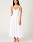 White Bustier style midi dress
Ruched detailing
Adjustable spaghetti straps
Open back with clasp closure
Flowing A-line skirt
Lined
Bridal outfit
bachelorette dress
bridal shower dress