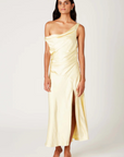 yellow Satin maxi dress
Asymmetrical off-shoulder neckline
Ruched bodice
High side slit
Lined
wedding guest dress
bridesmaid dress