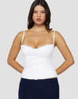 Knit crop top corset
Adjustable velvet straps
Tulle trimmed neckline
Front hook and eye closures
Fully lined
white corset tank top
white going out top
bridal outfit
bachelorette outfit