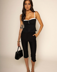 Peek-A-Boo corset tank top
Ruffle trim
Faux front buttons
Adjustable straps
Bra hook and eye closure
Side zipper closure
black and white corset top
going out tank top