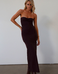 Knit maxi dress. Strapless neckline. Ruched front. Side slit. Partially lined. dark brown maxi dress. fall outfit. fall dress.