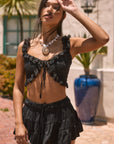 Woven tiered skirt. Elastic waist with drawstring closure. Shorts lining. Black mini skirt. skirt for summer. summer outfit. summer skirt. black skort. cute summer outfit