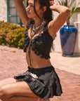 Woven tiered skirt. Elastic waist with drawstring closure. Shorts lining. Black mini skirt. skirt for summer. summer outfit. summer skirt. black skort. cute summer outfit