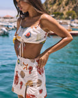 Printed woven crop top. Adjustable straps. Adjustable drawstring hem. Fully lined. Funky graphic crop tank top. Lobster tank top. European summer top. european summer outfit. summer outfit. cute summer set.