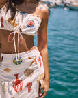 Printed woven crop top. Adjustable straps. Adjustable drawstring hem. Fully lined. Funky graphic crop tank top. Lobster tank top. European summer top. european summer outfit. summer outfit. cute summer set.
