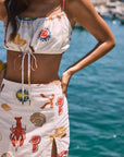 Printed woven crop top. Adjustable straps. Adjustable drawstring hem. Fully lined. Funky graphic crop tank top. Lobster tank top. European summer top. european summer outfit. summer outfit. cute summer set.
