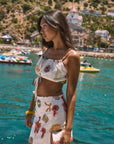 Printed woven crop top. Adjustable straps. Adjustable drawstring hem. Fully lined. Funky graphic crop tank top. Lobster tank top. European summer top. european summer outfit. summer outfit. cute summer set.