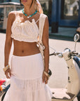 Woven and lace midi skirt. Elastic waist. Unlined. white midi skirt. lace skirt. european summer skirt. european summer outfit. beach cover up. beach skirt cover up. summer skirt. summer outfit. vacation outfit