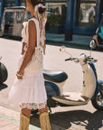 Woven and lace midi skirt. Elastic waist. Unlined. white midi skirt. lace skirt. european summer skirt. european summer outfit. beach cover up. beach skirt cover up. summer skirt. summer outfit. vacation outfit