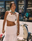 Woven and lace midi skirt. Elastic waist. Unlined. white midi skirt. lace skirt. european summer skirt. european summer outfit. beach cover up. beach skirt cover up. summer skirt. summer outfit. vacation outfit