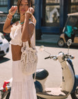 Woven and lace midi skirt. Elastic waist. Unlined. white midi skirt. lace skirt. european summer skirt. european summer outfit. beach cover up. beach skirt cover up. summer skirt. summer outfit. vacation outfit