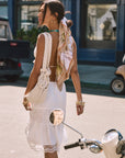 Woven and lace midi skirt. Elastic waist. Unlined. white midi skirt. lace skirt. european summer skirt. european summer outfit. beach cover up. beach skirt cover up. summer skirt. summer outfit. vacation outfit