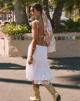Woven and lace midi skirt. Elastic waist. Unlined. white midi skirt. lace skirt. european summer skirt. european summer outfit. beach cover up. beach skirt cover up. summer skirt. summer outfit. vacation outfit
