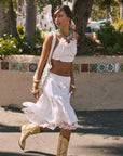 Woven and lace midi skirt. Elastic waist. Unlined. white midi skirt. lace skirt. european summer skirt. european summer outfit. beach cover up. beach skirt cover up. summer skirt. summer outfit. vacation outfit