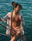 Striped knit shorts. Elastic waistband. Unlined. orange and white stripe shorts. summer shorts. beach cover up. beach short cover up. mexico outfit inspo. beach vacation outfit. european summer shorts. european summer outfit. summer vacation outfit. vacation outfit. shorts to wear on vacation