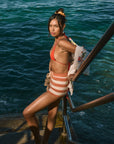 Striped knit shorts. Elastic waistband. Unlined. orange and white stripe shorts. summer shorts. beach cover up. beach short cover up. mexico outfit inspo. beach vacation outfit. european summer shorts. european summer outfit. summer vacation outfit. vacation outfit. shorts to wear on vacation