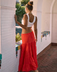 Woven tiered midi skirt. Elastic waist with drawstring closure. Partially lined. red maxi skirt. red midi skirt. red ruffle skirt. red flowy skirt. beach cover up. beach skirt cover up. beach vacation outfit. summer vacation skirt. european summer skirt. european summer outfit. european summer inspo