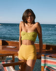 Crochet knit tube top. Underwire cups. Elastic back strap with hook and eye closures. Unlined. green crochet crop top. strapless crochet top. summer outfit. summer going out top. beach vacation outfit. beach vacation top. fancy dinner top. european summer outfit. european summer top. european summer outfit inspo. vacation outfit