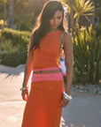 Reversible knit midi skirt. Elastic waist. Raw edge hem. Fully lined. pink midi skirt. orange midi skirt. summer outfit. summer going out set. summer going out skirt. beach vacation outfit. fancy dinner outfit. european summer outfit. european summer skirt. european summer outfit inspo. vacation outfit