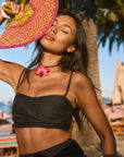 Ruched woven crop top. Adjustable straps. Side zipper closure. Elastic smocked back. Fully lined. black cropped tank top. summer outfit. summer going out top. beach vacation outfit. beach vacation top. fancy dinner top. european summer outfit. european summer top. european summer outfit inspo. vacation outfit. black skirt and cropped tank set