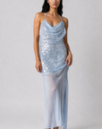 Sequin mesh halter maxi dress
Sheer skirt
Adjustable halter neck tie
Open back
Hidden side zipper
Unlined/Sheer
blue sequin wedding guest dress