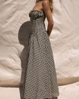 Plaid woven maxi dress. Elastic strapless neckline. Inner rubber grip lining. Elastic smocked back panel. Back hook and eye and zipper closures. Fully lined. Paid maxi dress. ranch outfit. western outfit. stagecoach dress. country concert dress. festival outfit