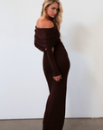 Knit maxi dress. Folded neckline. Long sleeves. Unlined. brown maxi dress. fall dress. fall outfit. off the shoulder maxi dress