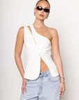 One shoulder button up top
Button down closure
Sleeveless
white one shoulder top
going out top
