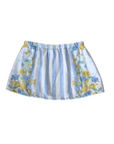 blue and yellow Striped and floral printed towel skirt
Elastic waistband
Unlined
Up-cycled
Each towel is up-cycled - there may be imperfections