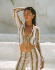 Tie front cropped long sleeve top
Ruffled trim neckline and detail around top
Adjustable tie closure
Fully lined in butter soft mesh fabric