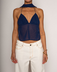 blue Polka dot halter top
V cut neckline
Neck scarf
Open back
Adjustable back tie strap
Partially lined
going out top