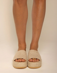 Platform braided raffia sandal
Padded insole
Slip on style
Jute/Synthetic