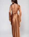 Brown bronze Satin maxi dress
Asymmetrical long sleeve hem
Open back
Side zipper closure
brown Wedding guest dress