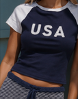 blue USA graphic tee
Crewneck
Contrast sleeves
Unlined
4th of july outfit