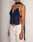 blue Polka dot halter top
V cut neckline
Neck scarf
Open back
Adjustable back tie strap
Partially lined
going out top