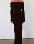 Knit maxi dress. Folded neckline. Long sleeves. Unlined. brown maxi dress. fall dress. fall outfit. off the shoulder maxi dress