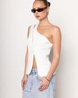 One shoulder button up top
Button down closure
Sleeveless
white one shoulder top
going out top