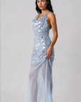 Sequin mesh halter maxi dress
Sheer skirt
Adjustable halter neck tie
Open back
Hidden side zipper
Unlined/Sheer
blue sequin wedding guest dress