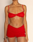 red smocked bralette
red smocked mini shorts
red mini short set
festival outfit
fourth of july outfit