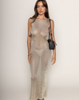 Metallic crochet open knit maxi dress
High neck open back
back slit
Unlined/sheer
gold metallic maxi dress
resort wear maxi dress