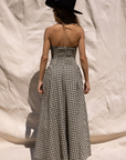 Plaid woven maxi dress. Elastic strapless neckline. Inner rubber grip lining. Elastic smocked back panel. Back hook and eye and zipper closures. Fully lined. Paid maxi dress. ranch outfit. western outfit. stagecoach dress. country concert dress. festival outfit