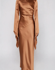 Brown bronze Satin maxi dress
Asymmetrical long sleeve hem
Open back
Side zipper closure
brown Wedding guest dress