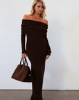 Knit maxi dress. Folded neckline. Long sleeves. Unlined. brown maxi dress. fall dress. fall outfit. off the shoulder maxi dress